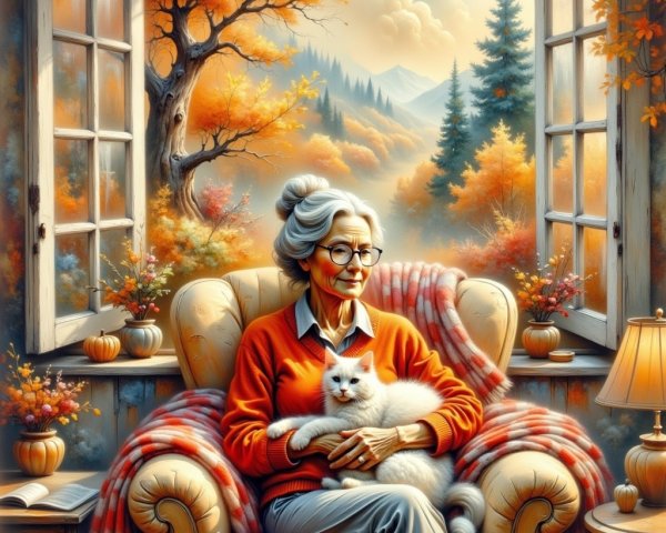 Elderly Woman in Cozy Armchair with Cat and Autumn Decor