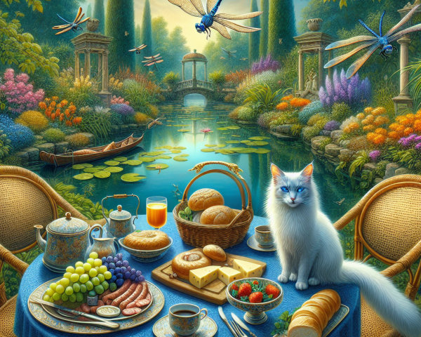 Serene Garden Table Setting with Flowers and Cat
