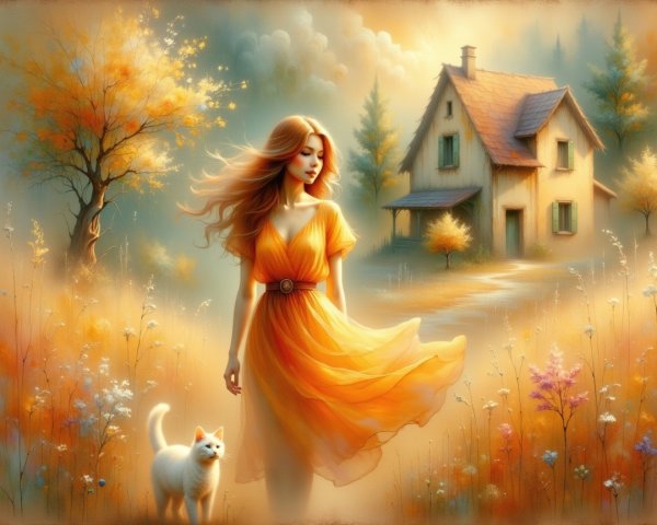 Autumn Landscape with Woman, Cat, and Cottage