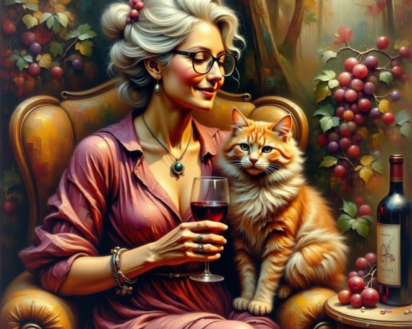 Older Woman in Pink Dress with Cat in Autumn Setting