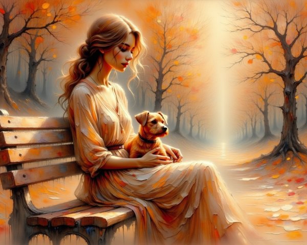 Autumn Landscape with Woman and Dog on a Bench