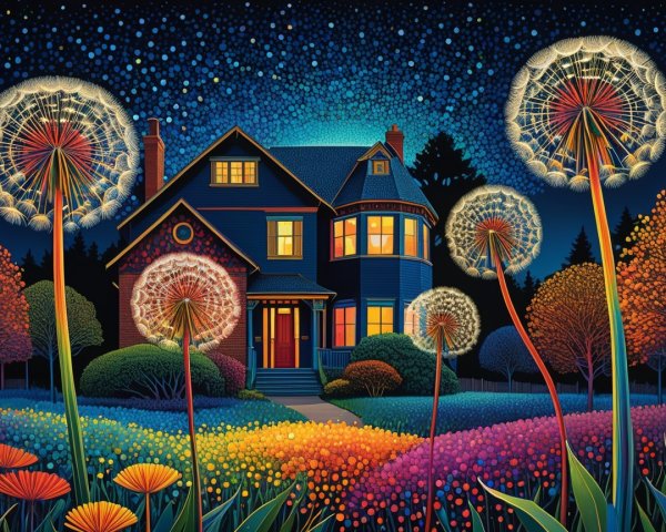Charming Blue House Under Starry Sky with Flowers