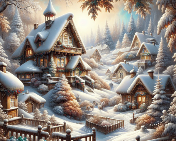 Winter Village Surrounded by Snowy Pine Trees
