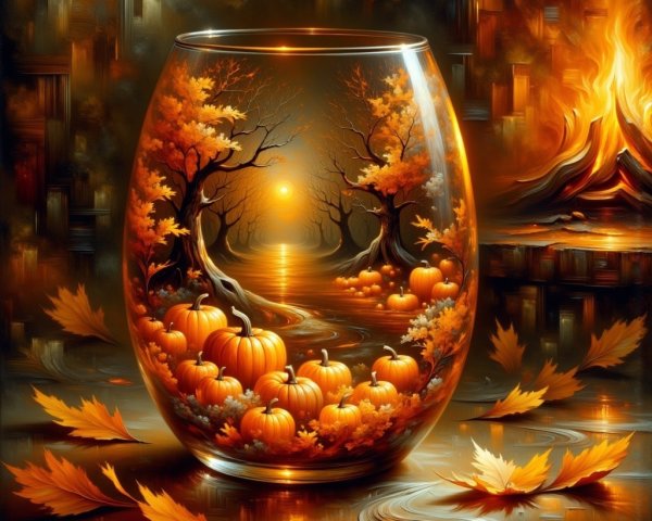 Autumn-Themed Glass Vase with Scenic River Design