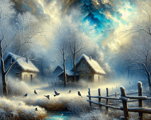 Serene Winter Landscape with Cottages and Snow
