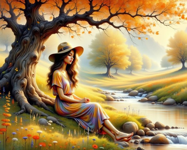 Autumn Landscape with Woman by Flowing Stream