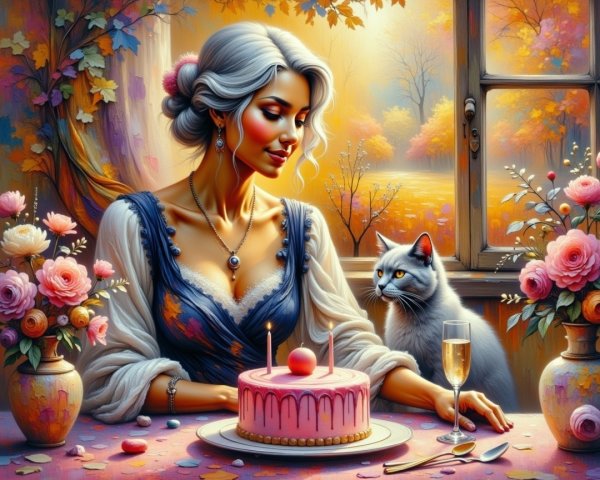 Elegant Woman at Festive Table with Birthday Cake