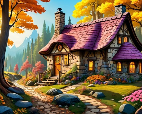 Charming stone cottage with purple roof in autumn setting