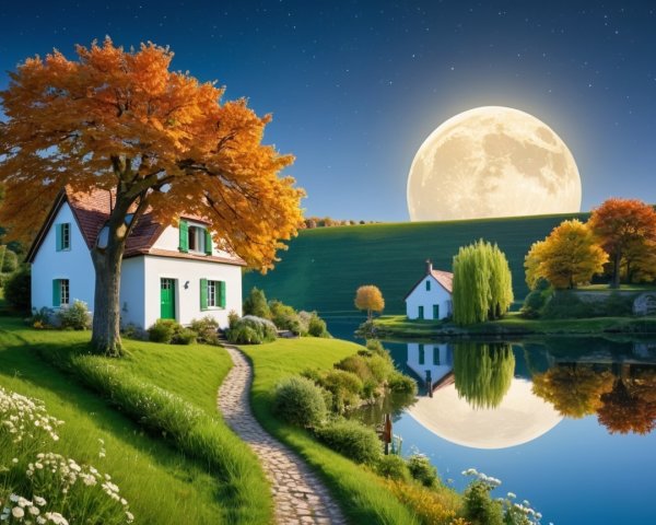 Serene Countryside Scene with House and Lake at Night