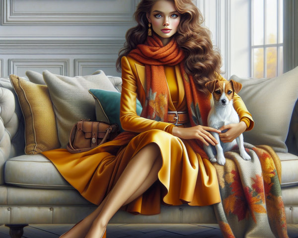 Elegant Woman in Yellow Dress with Dog on Sofa