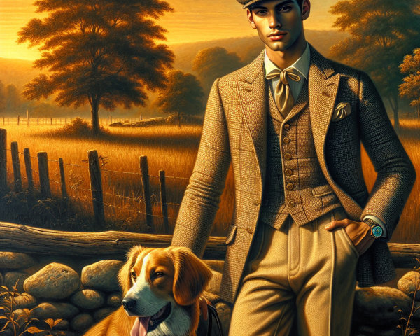 Young man in suit with golden retriever at sunset