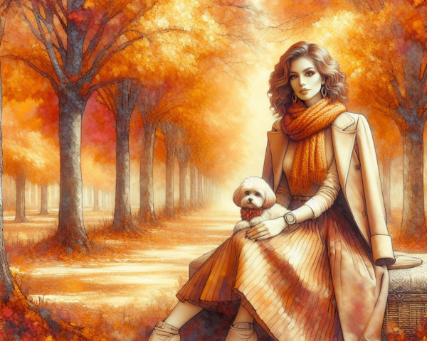 Autumn Scene with Woman, Dog, and Colorful Leaves