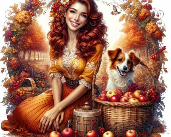 Cheerful woman in autumn scenery with dog and apples