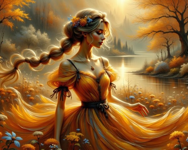 Young Woman by Tranquil Lake in Autumn Foliage