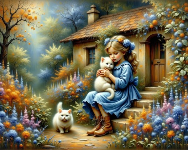 Young girl with kitten by a charming cottage steps