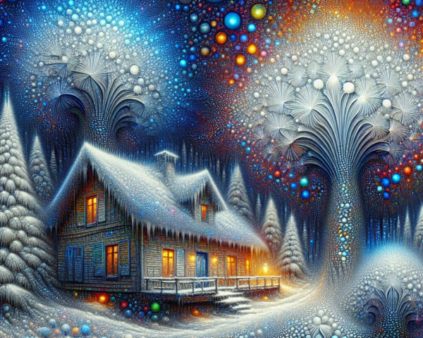 Cozy House in a Magical Winter Landscape Scene