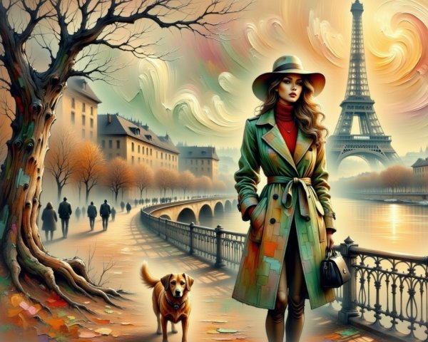 Stylish Woman Walking Dog by the Seine in Paris