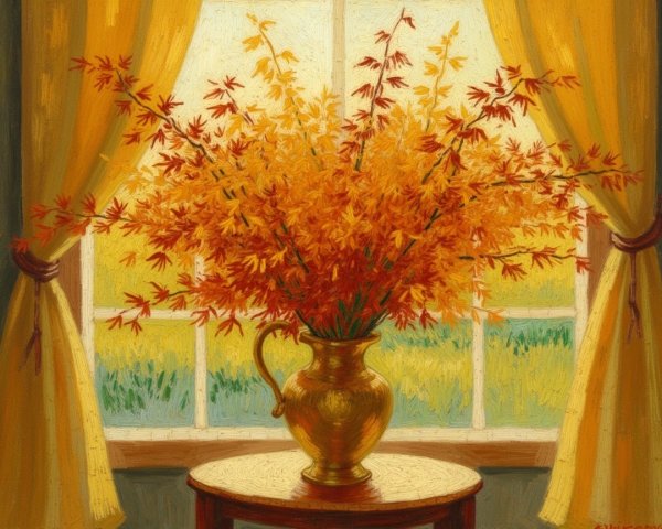 Autumn Bouquet in Golden Vase with Warm Decor