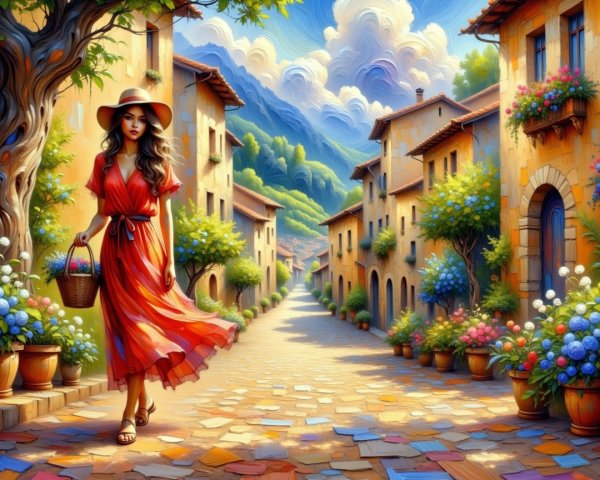Young Woman in Red Dress on Cobblestone Street