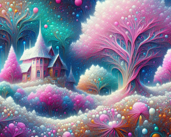 Gingerbread House in a Colorful Fantasy Landscape