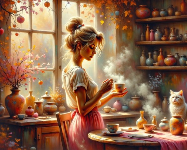 Cozy Autumn Kitchen Scene with Tea and Cat