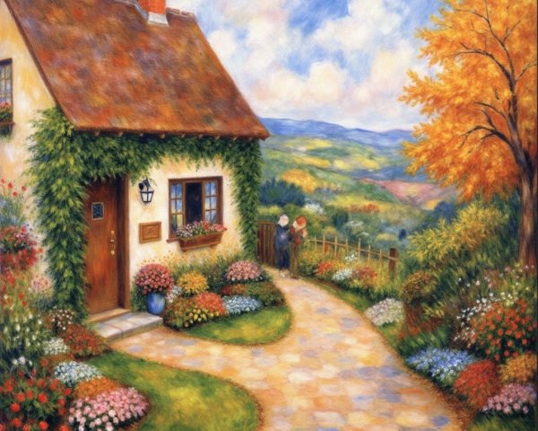 Rustic cottage with flower gardens and serene landscape