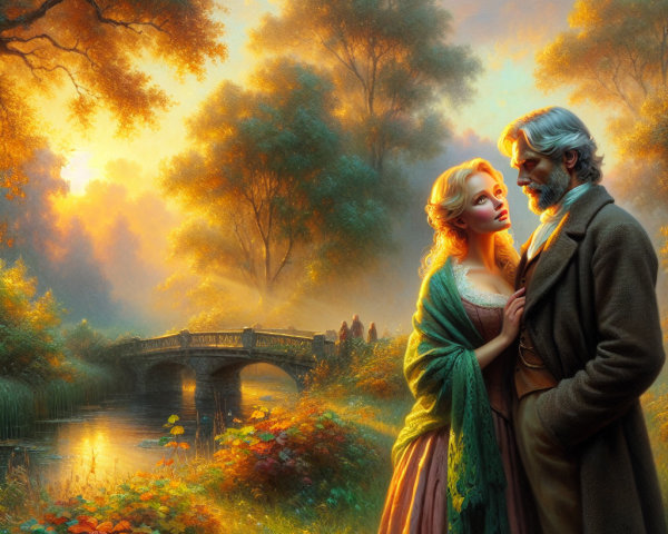 Romantic River Scene with Lush Trees and Flowers