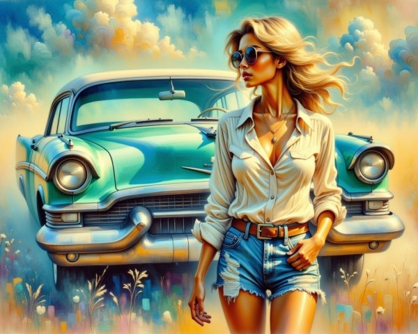 Stylish Woman Poses with Vintage Turquoise Car