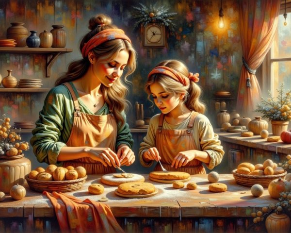 Mother and daughter baking in a rustic kitchen scene
