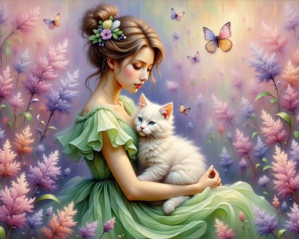 Young woman in green dress with white cat in garden