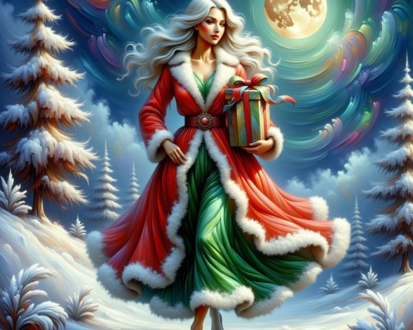 Woman in Red and Green Gown in Snowy Landscape