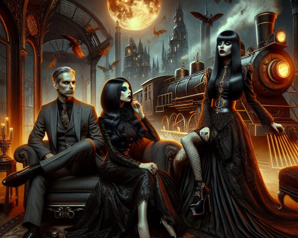Gothic Scene with Elegant Figures and Steam Train