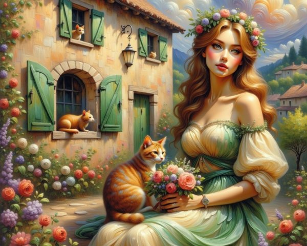 Young Woman in Flowered Dress Among Roses and Cats
