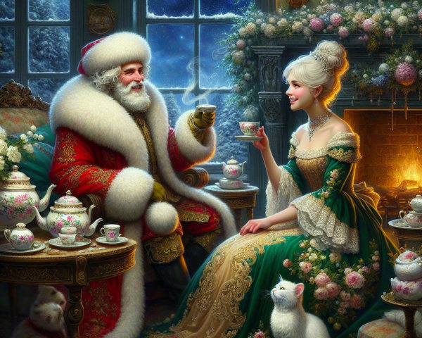 Santa Claus and a Woman Enjoying Tea in Cozy Room