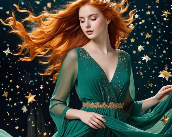 Elegant Woman in Green Gown with Red Hair and Flowers
