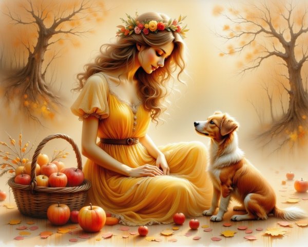 Autumn Scene with Woman, Dog, and Apple Baskets