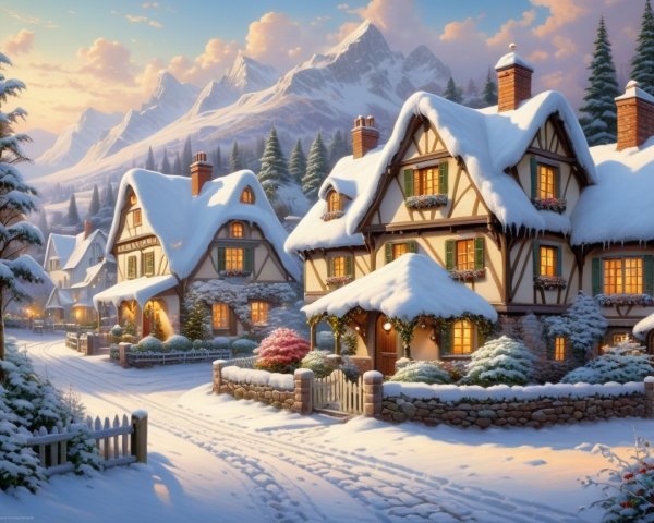 Charming Snowy Village with Cozy Cottages and Mountains