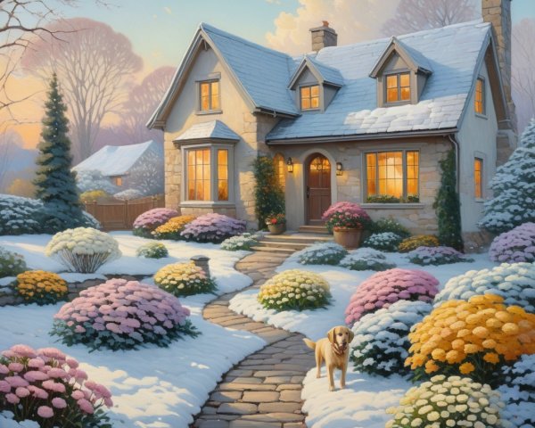 English Cottage in Winter with Snow and Golden Retriever