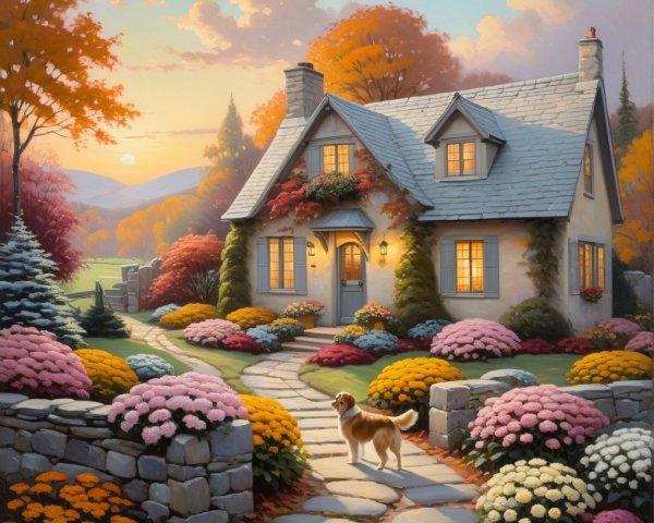 Cottage Surrounded by Autumn Foliage and Flowers