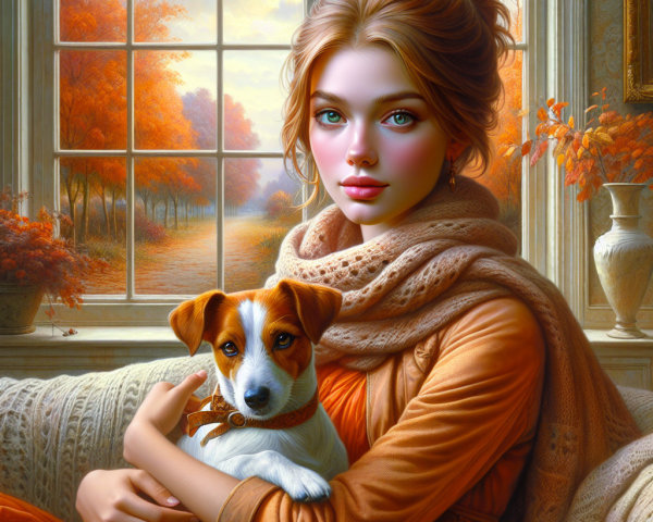 Young Woman in Autumn by Window with Dog