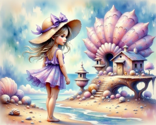 Dreamy Beach Scene with Girl and Seashell House