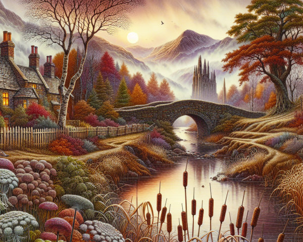 Serene Sunset Landscape with Cottage and River