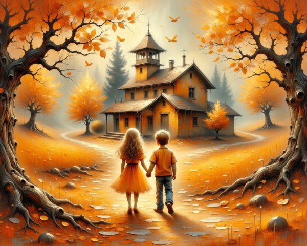 Autumn Landscape with Children and Old House