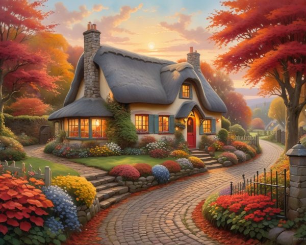 Thatched Cottage in Vibrant Autumn Landscape