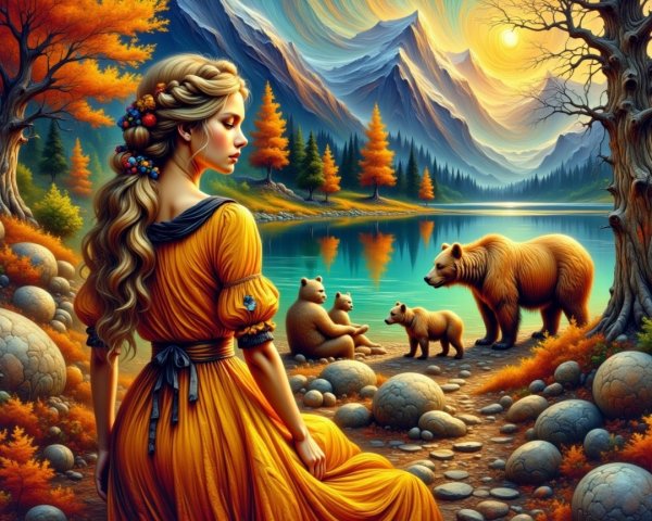 Serene landscape with woman, bears, and autumn trees
