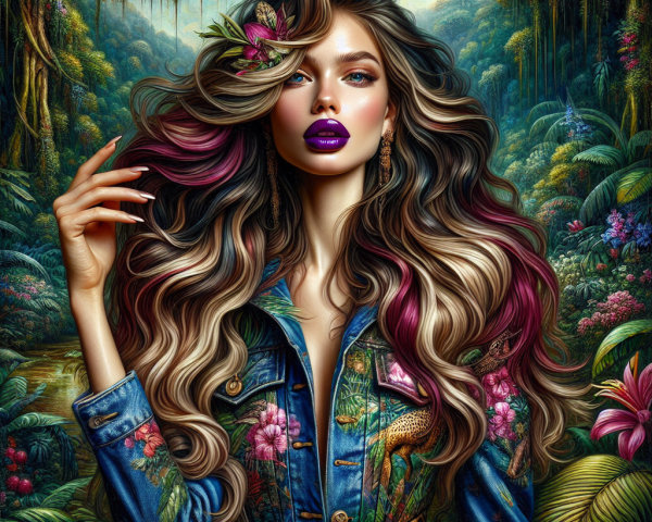 Woman in Floral Denim Jacket in Vibrant Jungle Setting