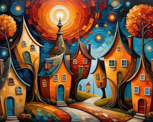 Whimsical Oil Painting of Fantasy Village Houses