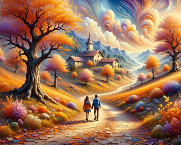 Autumn Landscape with Couple Walking in Countryside