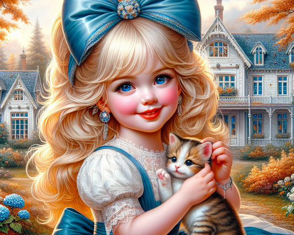 Cherubic Girl with Kitten and Victorian House Background