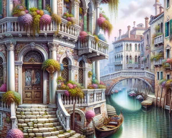 Picturesque Venetian Canal with Gondola and Flowers